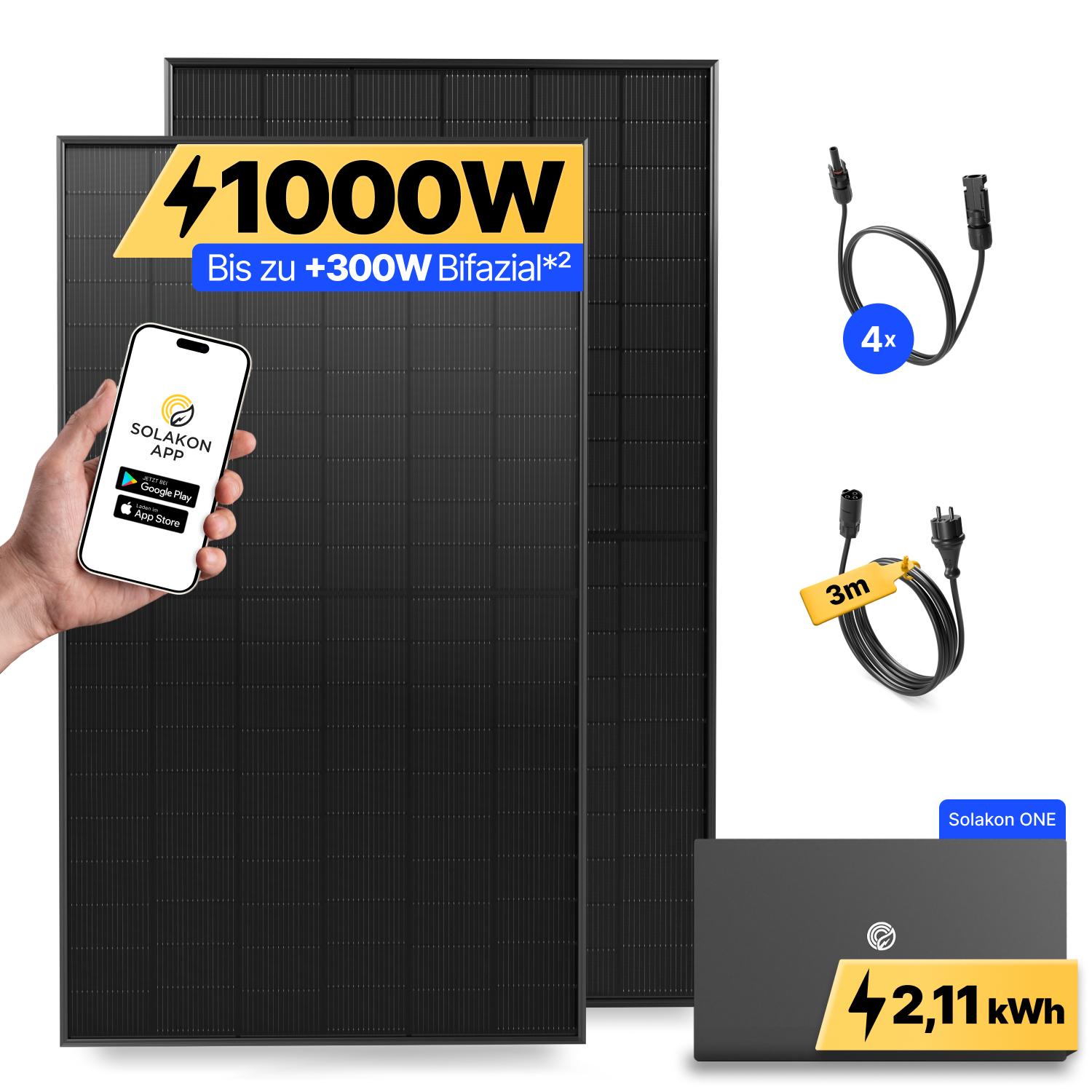 1000W Balkonkraftwerk mit Speicher Solakon ONE (2,11 kWh) Solaranlage Steckerfertig WIFI Komplettset Photovoltaik Anlage 800W, Kabellänge: 3m