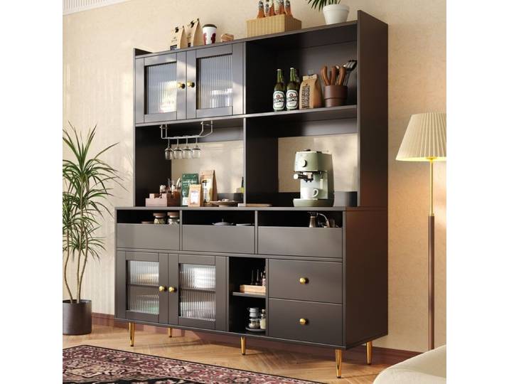 Buffet de Cuisine avec étagère Buffet Haute Armoire Placard de Cuisine 4 Portes 5 Tiroirs Multi-Rangements 145x39x171cm Noir
