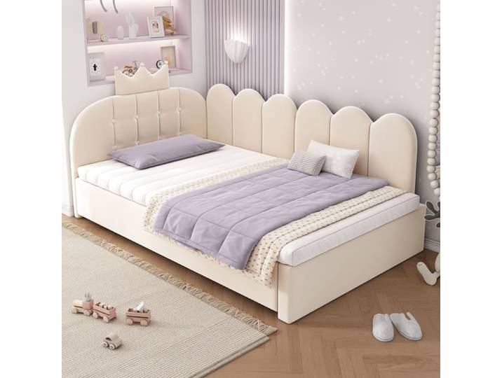 ULEVR Lit banquette en L avec lit gigogne 203x98x95 cm - 2 couchages 90x200 et 90x190 cm pour enfant et amis beige
