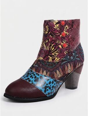 LightInthebox Women's Multi Bohemian Ankle Boots - Embossed Leather Pearl Patchwork Chunky Heel Booties for Music Festivals, Art Galleries Vintage Gatherings