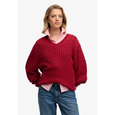 V-Ausschnitt-Pullover SUPERDRY "OVERSIZED CABLE V NECK JUMPER", Damen, Gr. M, bordeaux rot, Strick, Obermaterial: 100% Baumwolle, unifarben, oversize normal, V-Ausschnitt, Bündchen, Pullover, Baumwolle, oversized Fit