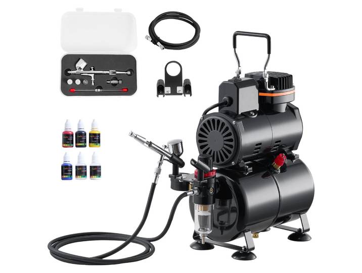 Kit aérographe VEVOR 1/6 PS avec compresseur d'air & réservoir\, 1 aérographe double action avec 3 buses (0\,2/0\,3/0\,5 mm) & tuyau & peinture acrylique & 1 ventilateur\, pour décoration de gâteaux peinture sur modèle art des ongles
