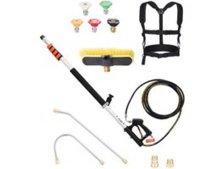 VEVOR Lance Télescopique pour Nettoyeur Haute Pression 5437 mm, Baguette Pulvérisation Télescopique 4000 psi avec Rallonges, Tête de Brosse, 5 Buses, Adaptateur, Ceinture de Support, pour Gouttière