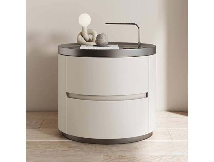 Moderner, minimalistischer Schlafzimmer-Nachttisch aus Massivholz, ovaler Nachttisch mit doppelten Schubladen, weiße Schlafzimmerkommode, Schubladenschrank, Schlafzimmer-Beistelltisch ( Color : Off-wh