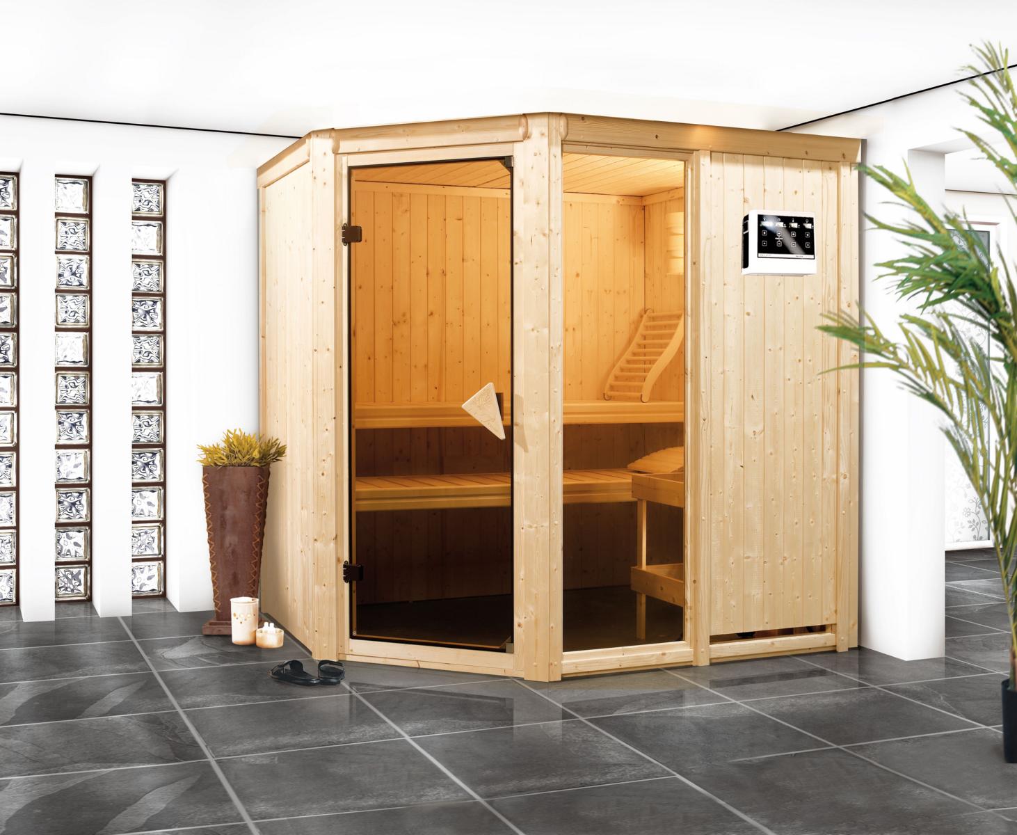 KARIBUHOLZT Sauna Fiona 1 Eck, 9kW Bio ext. Strg bronz.GGT 08288451
