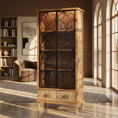 FUFU&GAGA "70.8"" Solid Wood Bookshelves Lighted Display Cabinet with Tempered Glass Doors with LED Lights, Floral Metal Door Design"