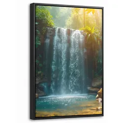 LEINWAND Bilder mit Rahmen - Wasserfall - Dschungel - Sonne - Grün - Natur - 40x60