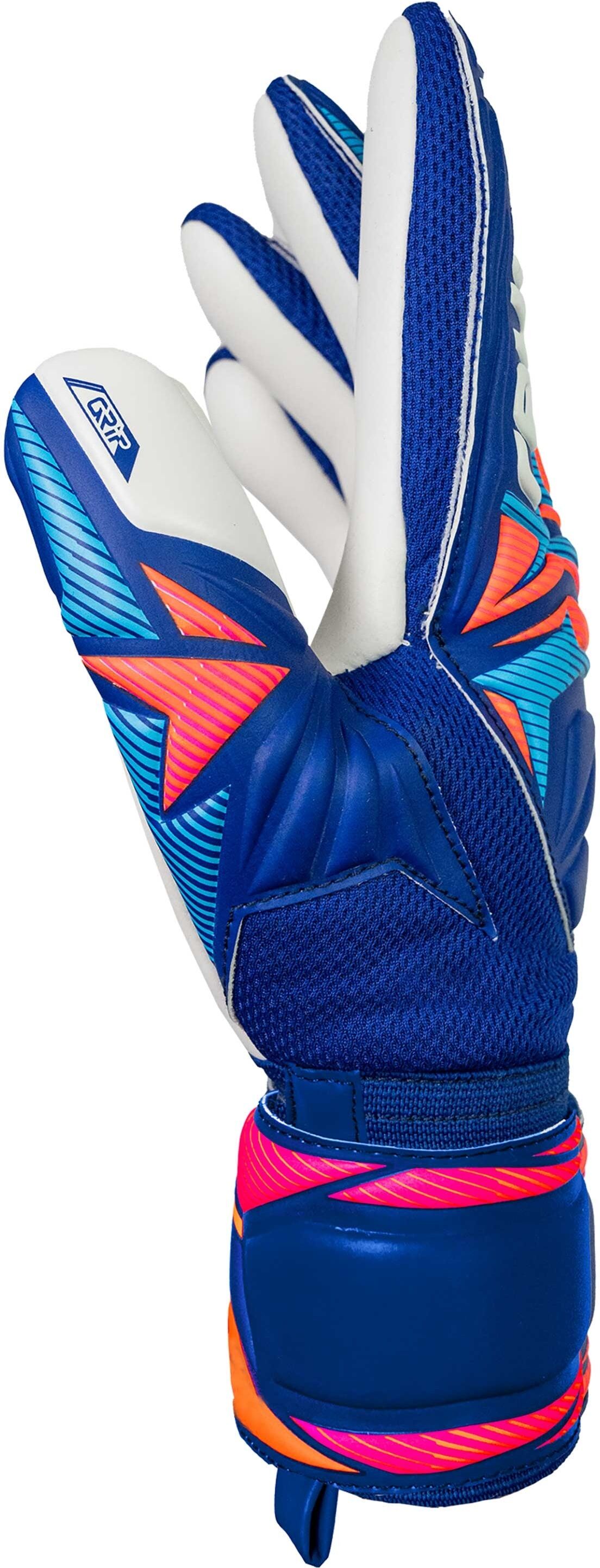 Torwarthandschuhe REUSCH "Attrakt Grip", Damen, Gr. 8, bunt (blau), 34% Polyester, Materialmix, 5% Lederimitat, 1% Baumwolle, Handschuhe, mit Grip und Komfort