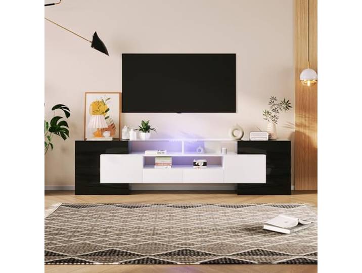 FAVSH Sideboard Wohnzimmer TV - 200 cm Moderner TV Schrank, Fernsehtisch mit 6 Schließfach, 2 Schublade und 3 offenes Regal, TV Schrank with Led für Wohnzimmer und Esszimmer (Schwarz)