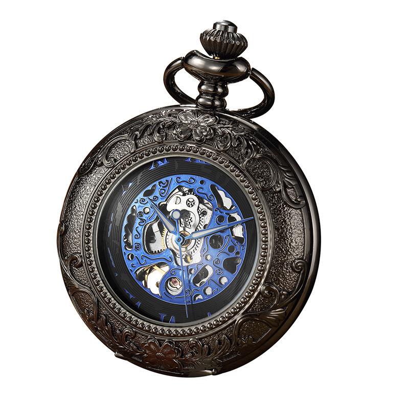 Vintage zwart mechanisch legering skelet half jacht zakhorloge