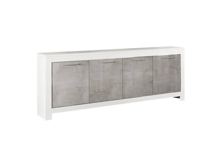 DENAE - Buffet 4 Portes L207cm Laqué Blanc Brillant et Gris Marbré
