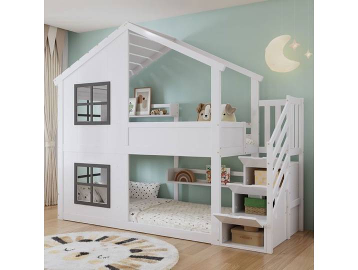 Lit superposé enfant avec escalier de rangement 3 niveaux 90x200 blanc+gris EVRYAE