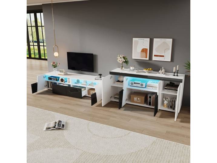 Meuble TV et buffet - ZEVKOR - Lot de 2 - LED Bluetooth - 4 portes - Blanc/Noir brillant