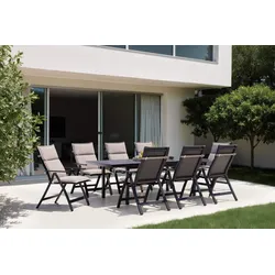 OUTFLEXX Lagos Garten-Essgruppe, anthrazit/natur, Alu/Glas, Tisch 180/240 x 100 cm, 8 Klappstühle, inkl. Auflagen