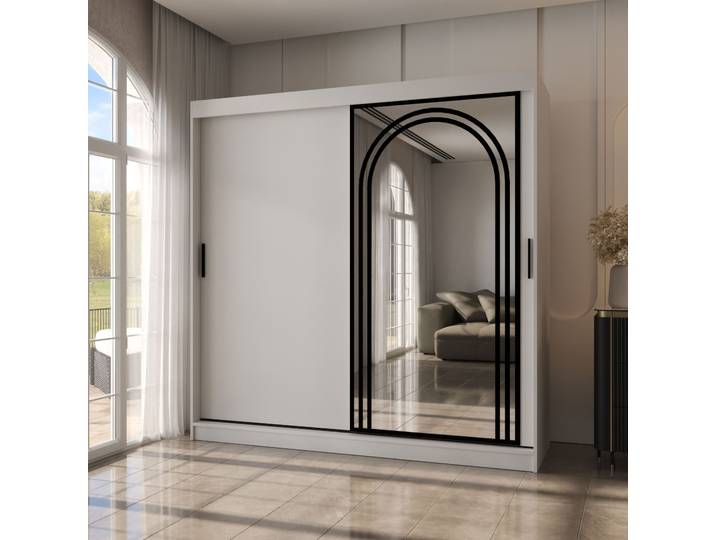 Kleiderschrank Weiß Matt 10 Fächer 2 Kleiderstangen hochwertig Verarbeitet 200 x 62 x 200 cm Schiebetürenschrank dekorative Spiegelt
