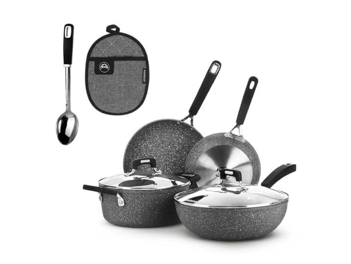 KASANOVA New Petra Dark Topf-Set – Töpfe und Pfannen für Induktion und Backofen bis 180°C, Antihaft-Kochgeschirr mit Griffschutz und Edelstahl-Löffel (8)