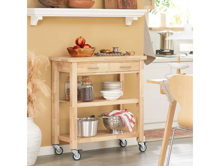 Chariot de service en bois de caoutchouc Sobuy Fkw24-N, chariot de cuisine, étagère de cuisine, chariot roulant, L80xP40xH90 cm, L80xP40xH90 cm