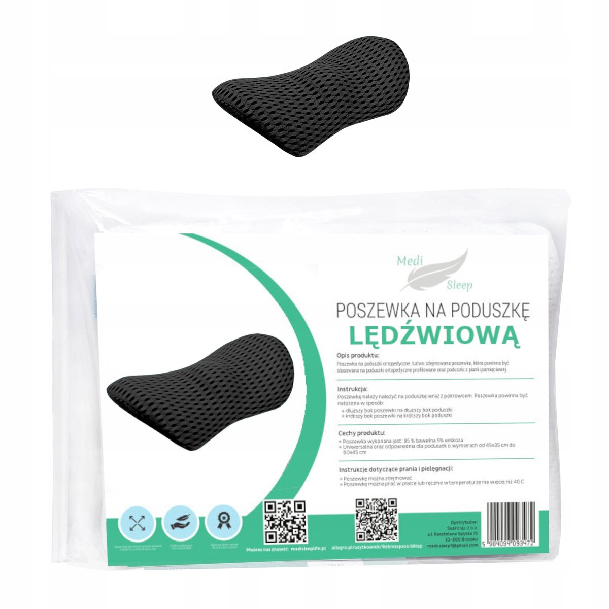 Sleep Med Lendekussenhoes voor volwassenen - Zwart - Polyester