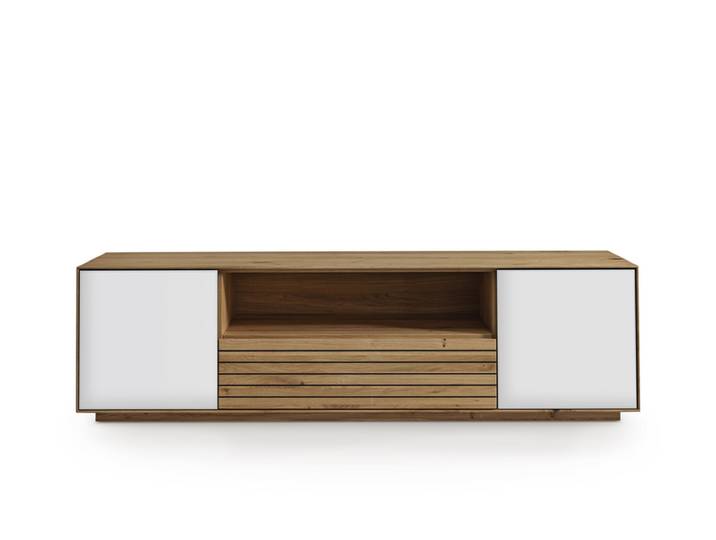 Lowboard 158 x 44 cm Eiche massiv/Glas satinato