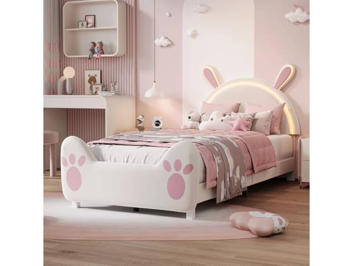 Kinderbett 90x200 mit LED-Streifen, Polsterbett für Mädchen, Einzelbett 90x200 mit Verstellbares Kopfteil in Hasenform, Gästebett Bettgestellmit Lattenrost aus Holz, Samt, Ohne Matratze
