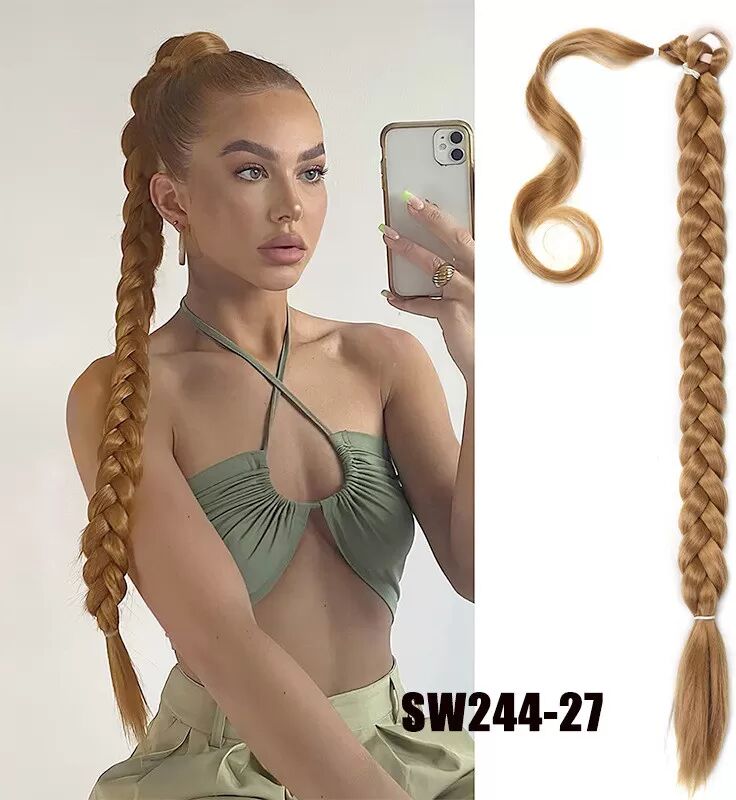 INF Kompatibel mit Ponytail geflochtener Haarverlängerung aus hitzebeständigem Fasermaterial, 80cm lang, goldfarben, stilvoll