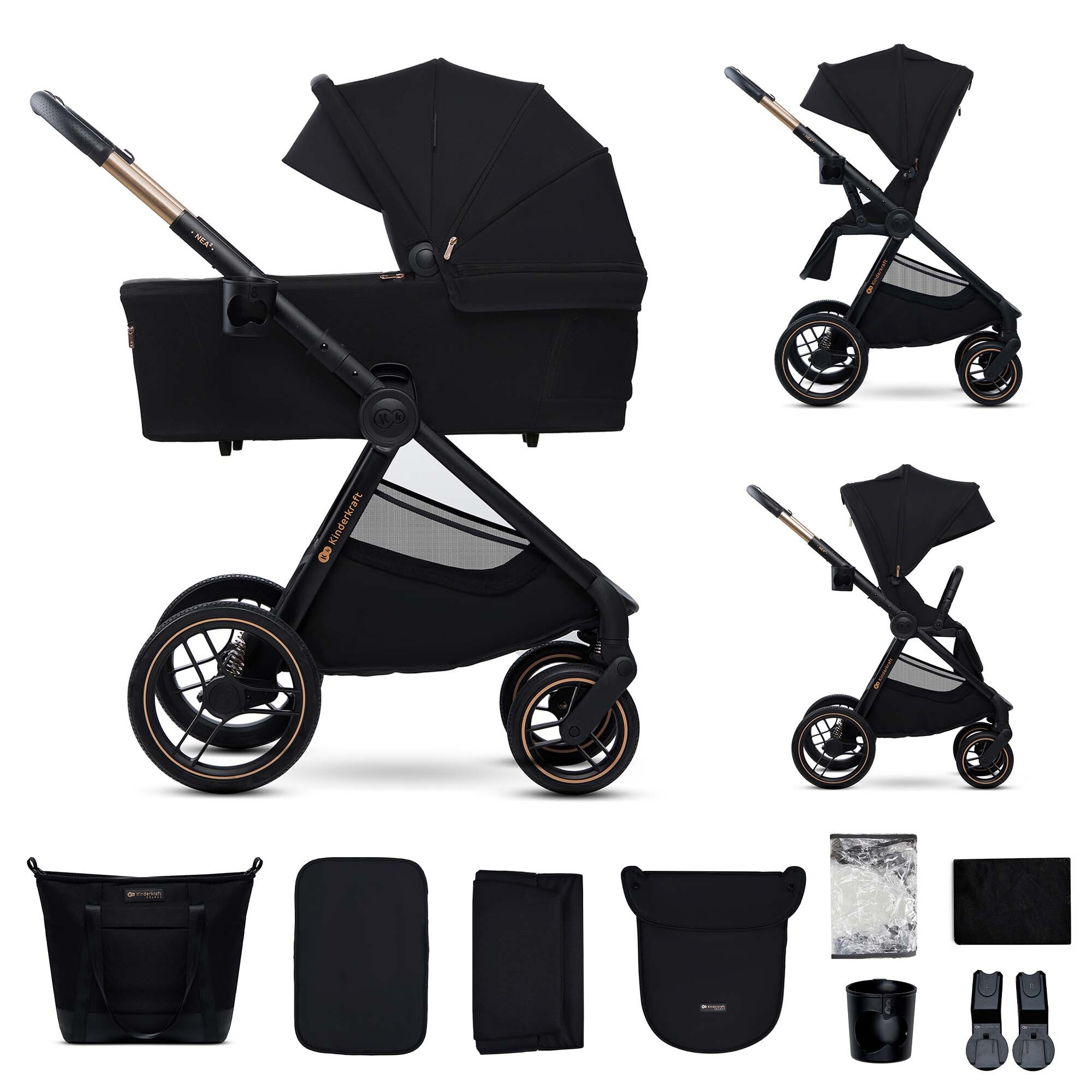 Kinderkraft NEA 2 - Kinderwagen 2-in-1 - bis 27 kg - Babywanne & Buggy - pannensichere Räder - wasserdichtes Verdeck UPF50+ - faltbar wendig - Schwarz