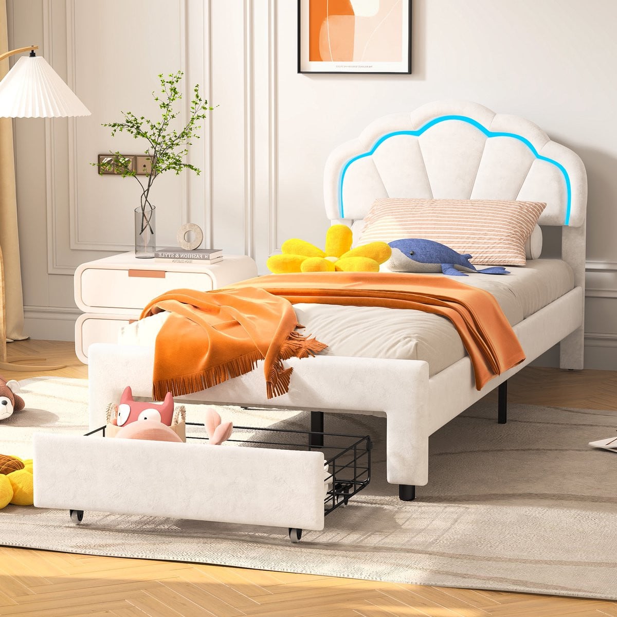 Gestoffeerd bed met LED-verlichting onder het bed en opberglade, Blütenvorm hoofdbord, 90 x 200 cm