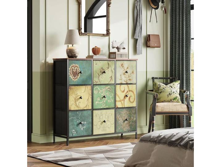 100x30x86.5 CM Commode Chambre en Tissu avec 9 tiroirs coloris Plateau en Bois et Structure en métal peut être librement assorti