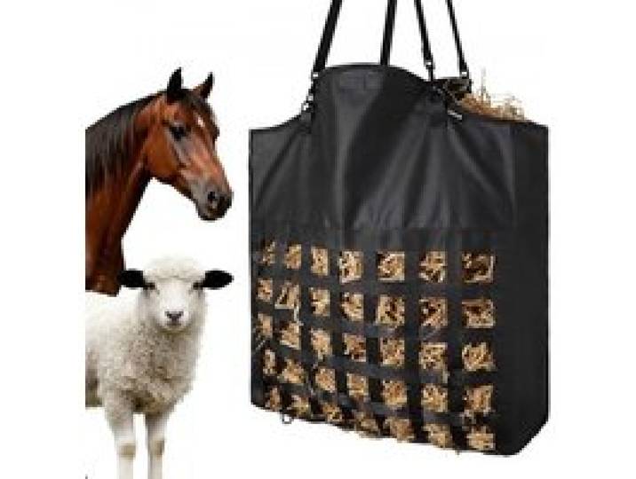 VEVOR Sac à Foin Cheval 55x18,5x64 cm Sac à Foin Filet Maille 4,6x4,6 cm pour Alimentation Lente Chevaux Chèvres Alpagas, avec Sangles Nylon Renforcées et Tissu Oxford Enduit PVC Crochets Métalliques