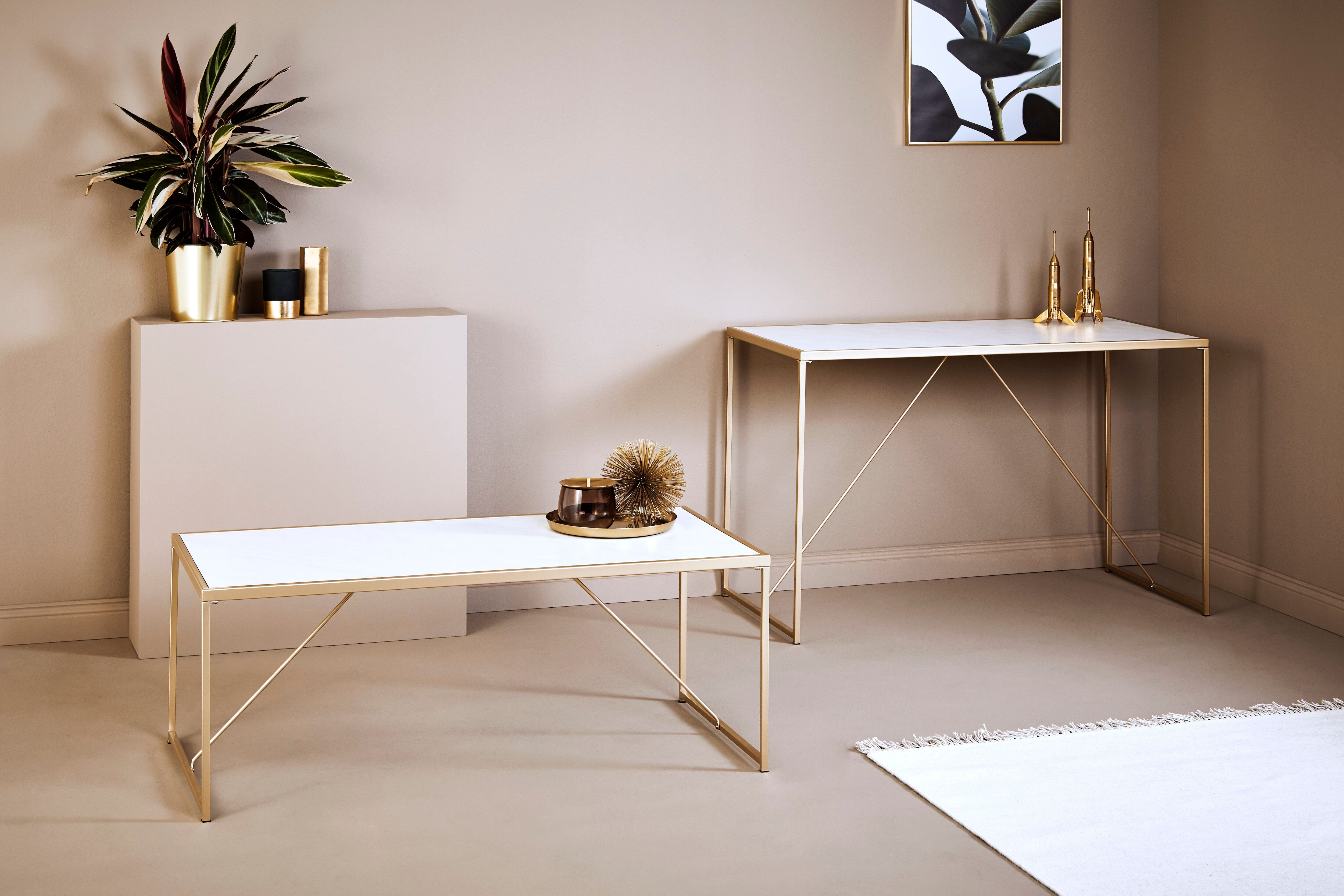 Couchtisch JAHNKE "GLAM COFFEE", weiss (gold, marmor weiß, gold, optik, marmor, look), B:120cm H:44cm T:60cm, Tische, Couchtisch gold, marmor weiß, gold, optik, marmor, look B/H/T: 120cm x 44cm x 60cm