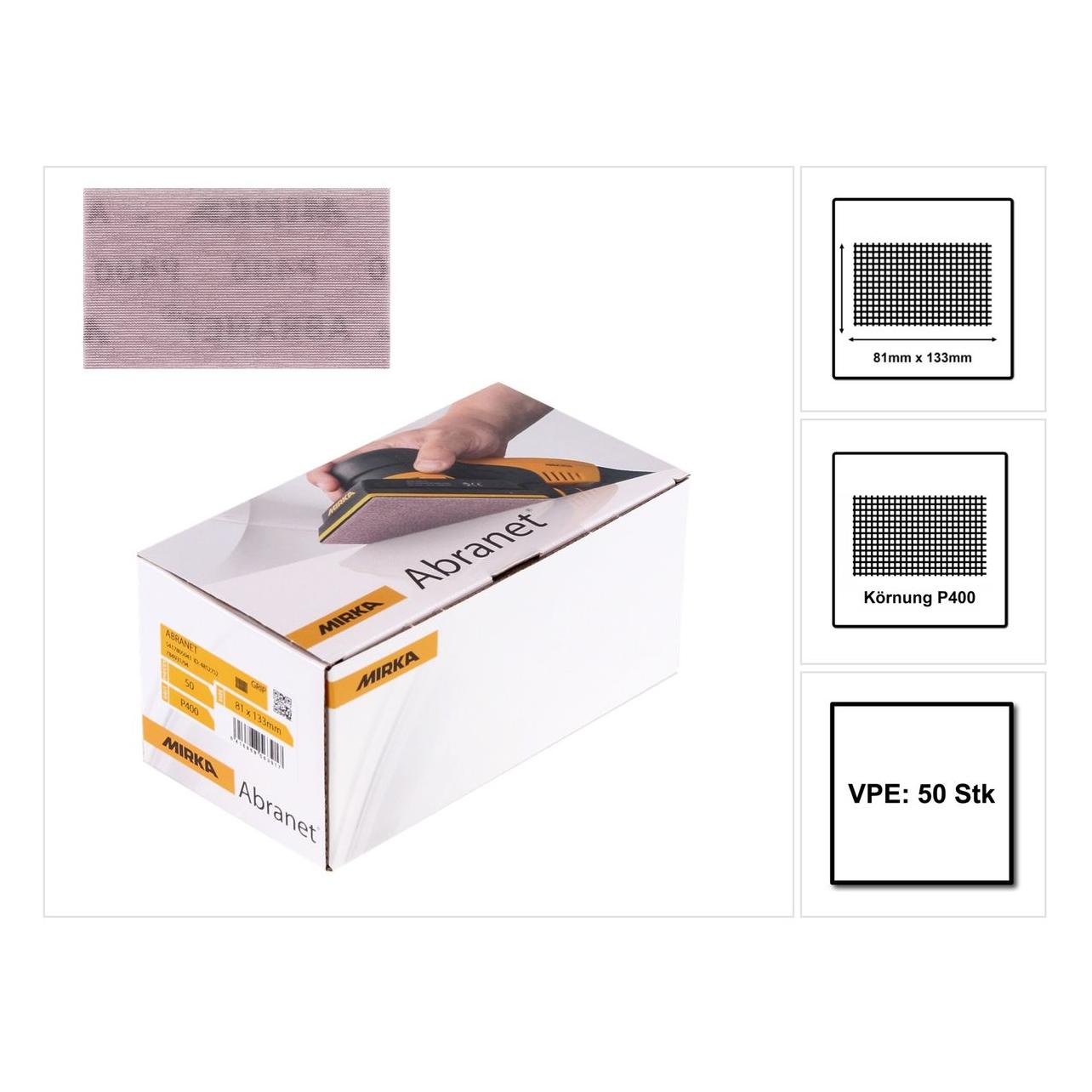 MGA Mirka Abranet Netz-Schleifstreifen 81x133 mm Klett / Korn P400 / 50 Stk / zum Schleifen von Holz, Sp (P400) (212058)