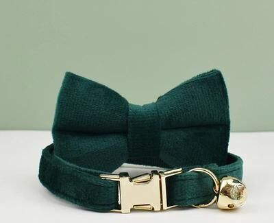 Inspired Finds VelvetCharm Personalized Cat Collar With Bow And Bell emerald Bow Set l