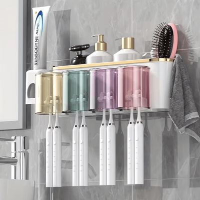 Uplift Curations Toothbrush Holder With Squeezer Perforation Free Bathroom Shelf And Mouthwash Cup Organizer two way Stand