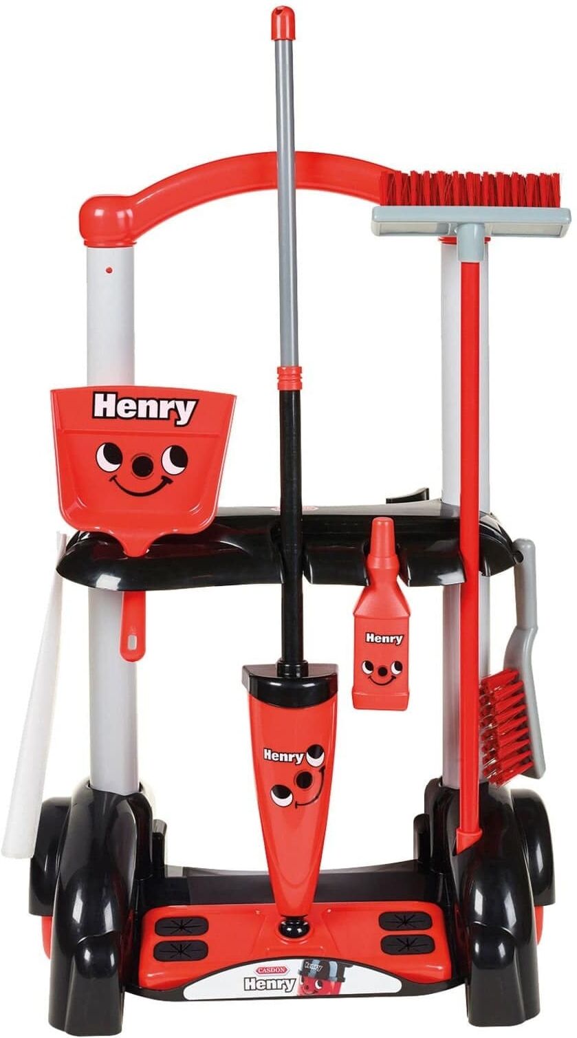 Casdon Henry Cleaning Trolley Pretend Play Set for Kids - Includes Mop, Brush, Dustpan - Role Play Toy