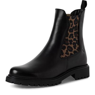 Chelseaboots TAMARIS, Damen, Gr. 37, Textil, schwarz (schwarz, leo), Elastischer Einsatz, Leder, schimmernd, unifarben, Basic, Schuhe Chelseaboots, Blockabsatz, Schlupfboots mit beidseitigen Stretcheinsätzen, Topseller