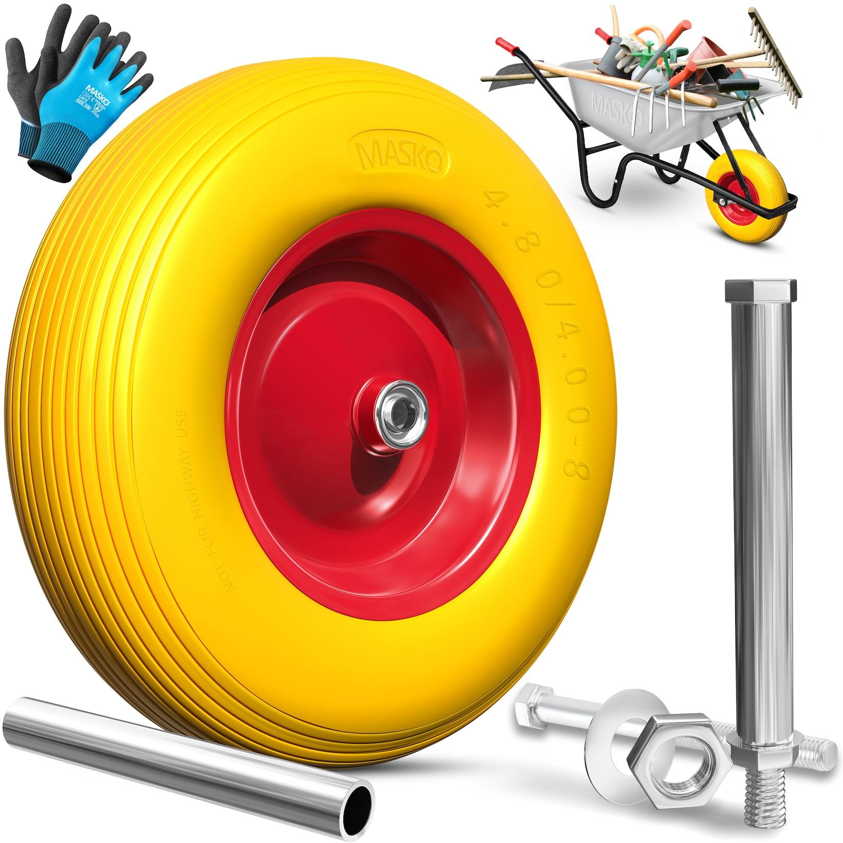 MASKO® PU Schubkarrenrad Vollgummi 200 kg pannensicher 4.80/4.00-8 Ø 390mm inkl. Achse Ersatzrad Gummirad Stahlfelge Reifen pannensicher für Schubkarre Gartenkarren pannensicheres PU Rad