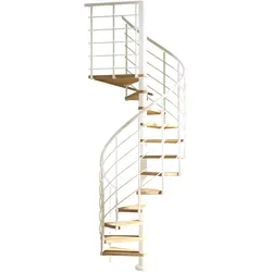 Dolle Spindeltreppe Oslo Ø120cm mit 273-299cm Geschosshöhe 12 Stufen 1 Podest Eiche lackiert Geländer weiß, mitlaufende Kunststoffstäbe
