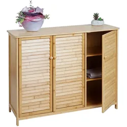 Badezimmerschrank HWC-B18, Badschrank Regal Badregal Kommode, 3 Türen Bambus 81x97x34cm