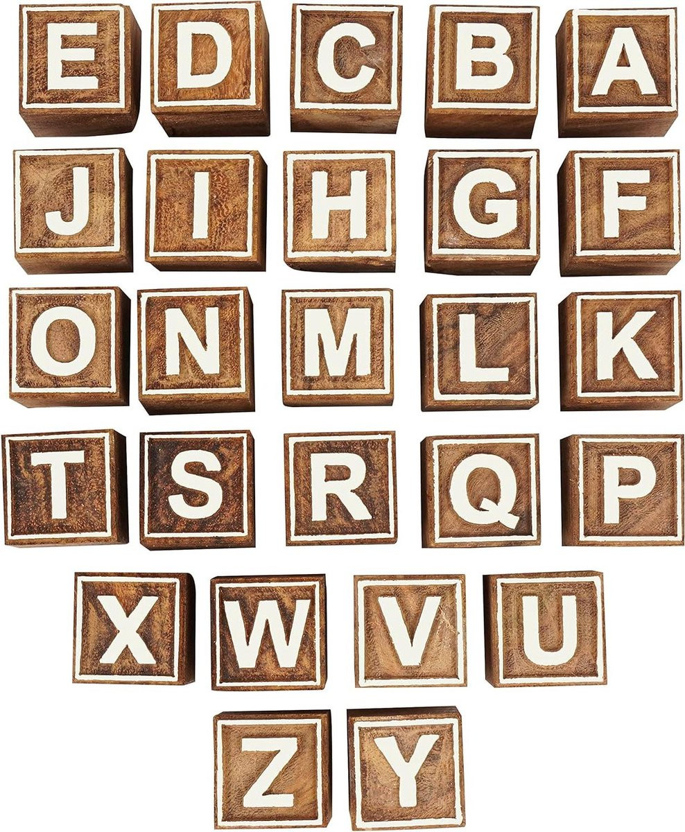 Houten stempels met letters A-Z voor textiel en aardewerk, handgesneden houten blokken voor afdrukken