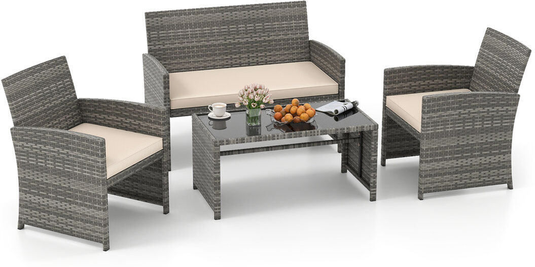 17 Stories 4 Piece Patio Conversation Set Rattan Chair Loveseat & Table Set With Seat Cushions White 4