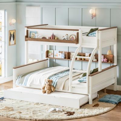 GREATPLANINC Wooden Bunk Bed with Pull-Out Trundle Storage Shelf Safety Ladder