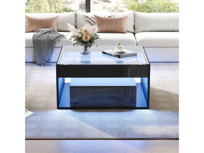 Comfyu - Table basse laquée brillante - Table d'appoint avec deux tiroirs et éclairage LED - Design ajouré - Noir