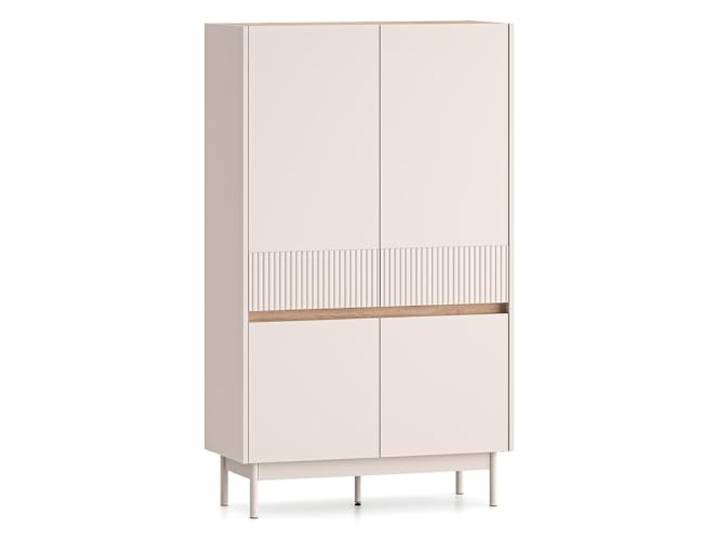 Lomadox Wohnzimmer-Highboard 92 cm in Kaschmir matt mit Eiche Rillenoptik 4 Türen Softclose Einlegeboden griffloses Design Metallfüße