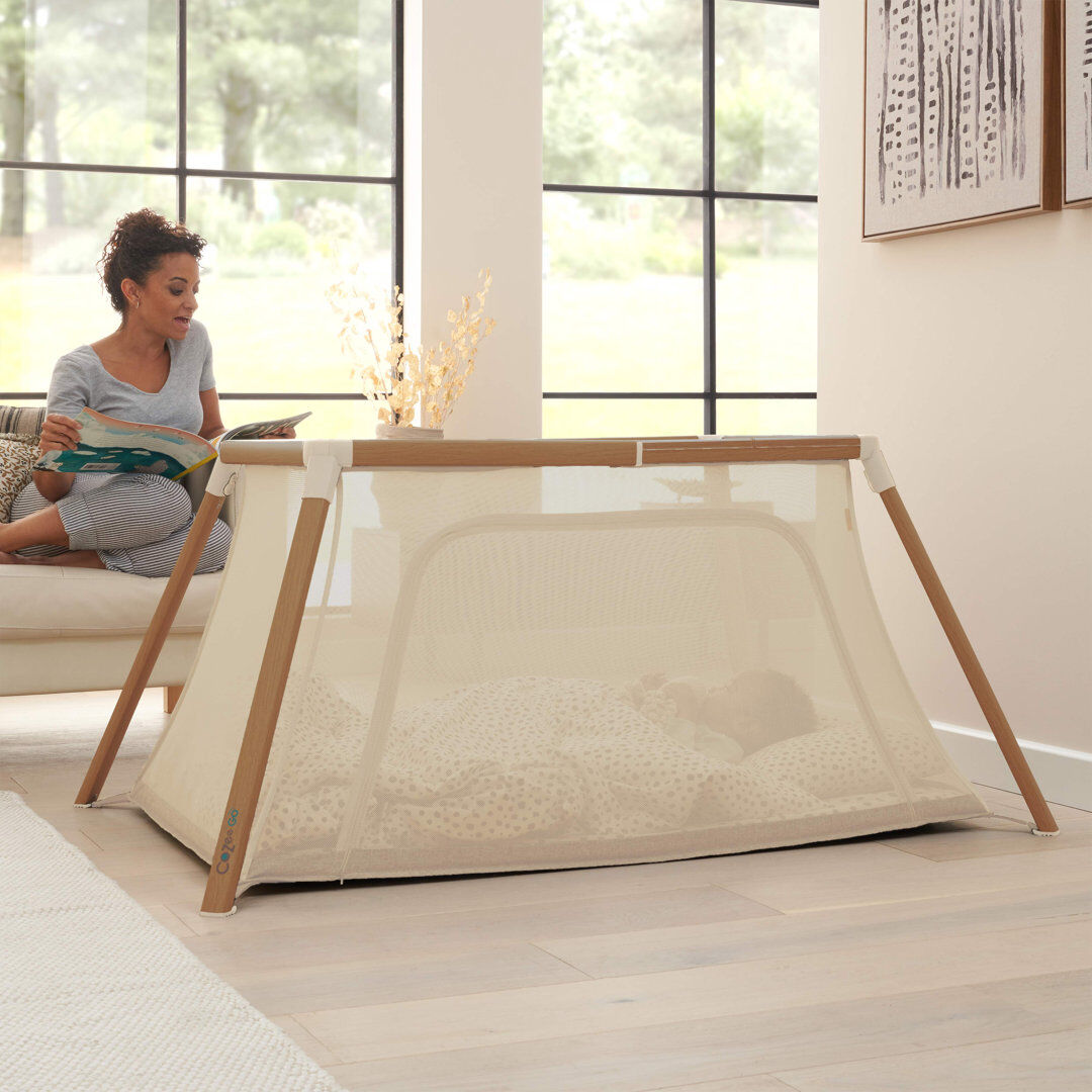 Tutti Bambini CoZee Go 3-in-1 Bassinet, Travel Cot & Playpen Scandinavian Walnut/Ecru