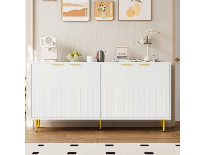 Buffet PINGGO pour salon avec 4 portes, poignées dorées brossées et pieds de table brillants, armoire de rangement blanche