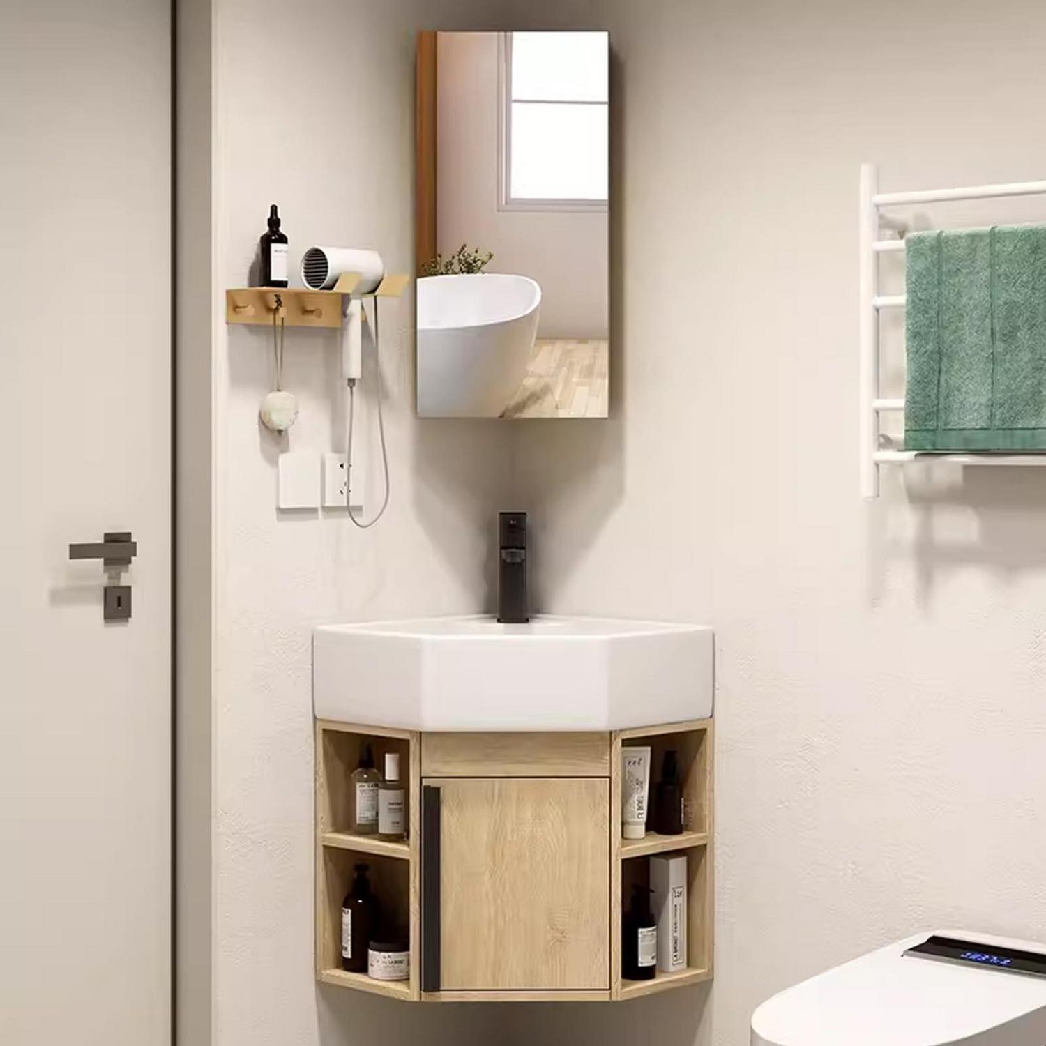 Eckwaschbecken mit Unterschrank und Spiegelschrank 45cm Hängend MDF Keramikspüle