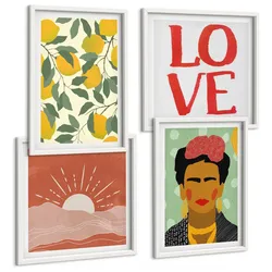 BILDER SET 4er Set - 50x50 cm & 40x60 cm Weißer Rahmen - Zitronen Inschrift Liebeslandschaft Frida