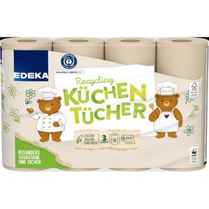 Edeka Küchenrolle Naturliebe, Sparblatt, 3-lagig, 128 Blatt je Rolle, aus Recyclingpapier, saugstark, 4 Rollen