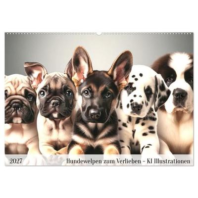 Hundewelpen zum Verlieben - KI Illustrationen (Wandkalender 2027 DIN A2 quer), CALVENDO Monatskalender