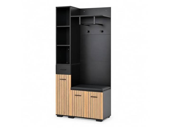 Jastoery Garderoben-Set 80x35x175 cm, Schwarz und Holzfarbe Kompaktgarderobe mit Schuhbank, 2 Kleiderhaken, Schublade, verstellbare Einlegeböden, Spanplatte